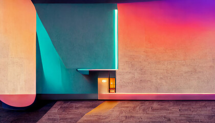 Abstract architectural concrete smooth interior of a minimalist house with color gradient neon lighting. 3D illustration and rendering 