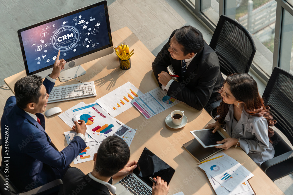 Poster customer relationship management system on modish computer for crm business and enterprise
