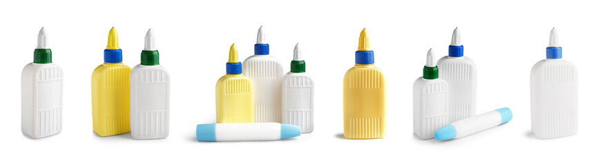 Collage of different glue on white background