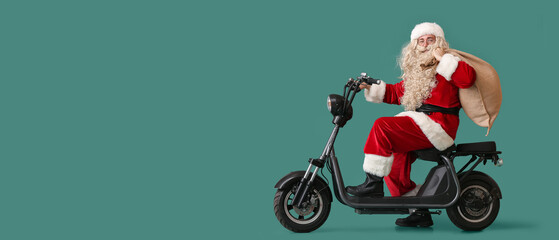 Santa Claus with sack bag and bike on green background with space for text