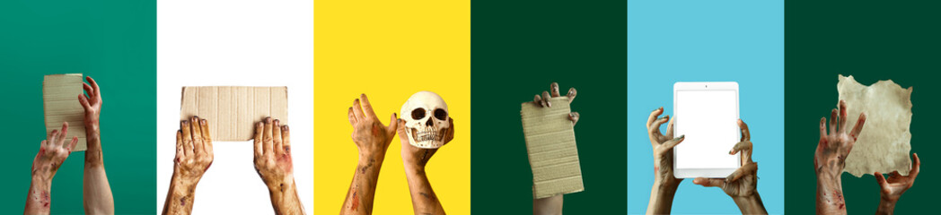 Collage of zombie's hands with human skull, tablet computer and blank paper sheets