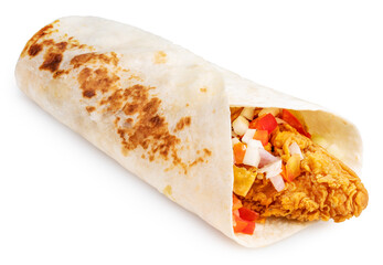 Breakfast Wrap isolated on white background, Breakfast burritos with chicken and tomato in a tortilla wrap on white background With clipping path.