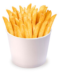 French fries in paper bucket isolated on white background, French fries on white With clipping path.