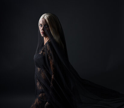 close up portrait of beautiful female model wearing black dress and dark veil like a widows shroud.  isolated on studio background with moody lighting.