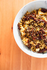healthy plant-based food, vegan moroccan couscous with lentils and sundried tomatoes
