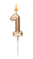 Burning gold birthday candle isolated on white background, number 1