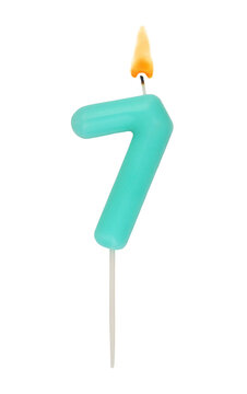 Burning Blue Birthday Candle Isolated On White Background, Number 7