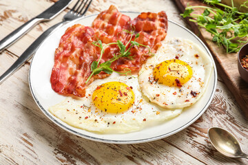 Plate with tasty fried eggs with bacon and spices on light wooden table, closeup