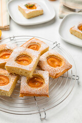 Grid with pieces of tasty apricot pie on light background, closeup