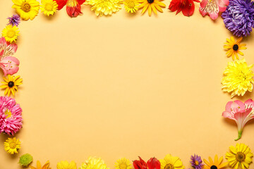 Frame made of beautiful autumn flowers on color background