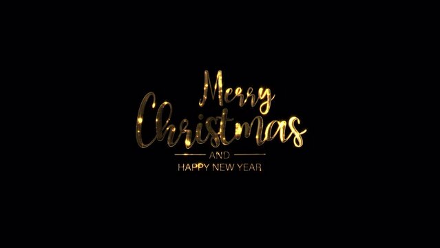 Merry Christmas and Happy New Year golden shine glittering text with animation on black background. Isolated with alpha channel quicktime prores 444. 