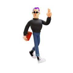 3D illustration. 3D cool guy character design walking confidently. carrying a red notebook. wearing sunglasses. 3D Cartoon Character