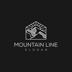 Mountain landscape geometric logo with sun. Sunset or sunrise rectangular abstract icon.