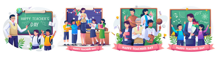 Set of Teacher's Day with A group of teachers from various subjects gather to celebrate teacher's day vector illustration