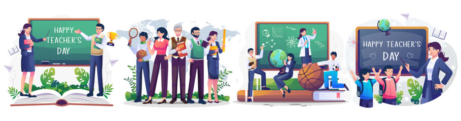 Set of Teacher's Day with A group of teachers from various subjects gather to celebrate teacher's day vector illustration