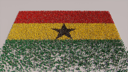 A Crowd of People congregating to form the Flag of Ghana. Ghanian Banner on White.