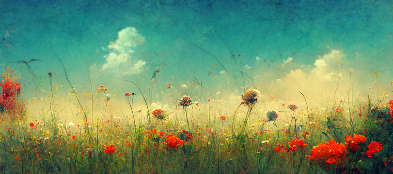 medow flower field on sunset , illustation