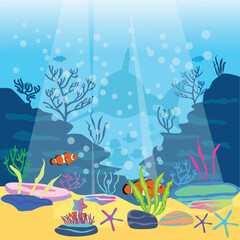 Naklejka na ściany i meble Under the deep blue sea with coral shark nemo bubble and sunlight