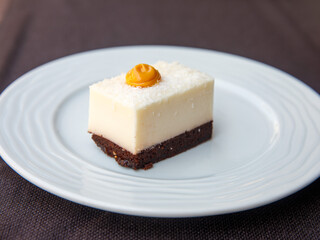 slices of snow white milk agar gelatin dessert (pudding, mousse, souffle) with coconut flakes on chocolate cake islak kek on white plate