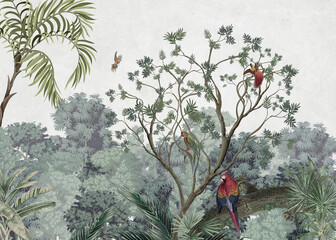 Vintage wallpaper forests trees with palms and colorful birds with dwarves on a gry background