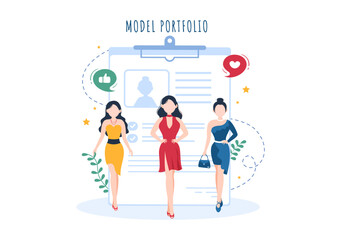 Model Portfolio Template Hand Drawn Cartoon Flat Illustration with Modeling Agency Manager and Photographer take Photos of Model in Platform Design