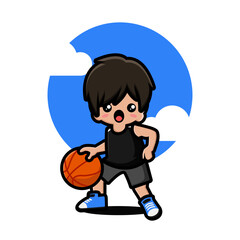 Happy cute boy playing basketball