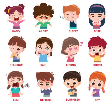 Vector illustration of Cartoon emotions children, Variety kids face expressions