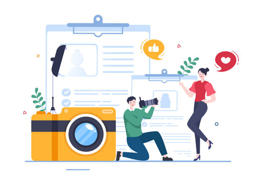 Model Portfolio Template Hand Drawn Cartoon Flat Illustration with Modeling Agency Manager and Photographer take Photos of Model in Platform Design