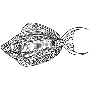 Hand drawn of orangespine unicornfish in zentangle style