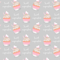 Cute seamless pattern, cupcakes with pink hearts