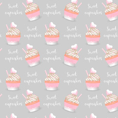 Cute seamless pattern, cupcakes with pink hearts