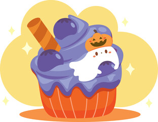 Fototapeta premium Halloween Cupcake with Cute Ghost. Bakery menu party halloween.purple Whipped Cream topping with fresh blueberry.