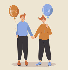 vector illustration in a flat style on the theme of relationships. man and woman hold hands. in their hands they have balloons with inscriptions - love and support