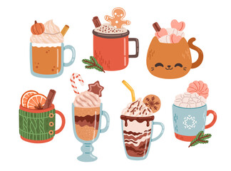 Christmas hot drinks set warm winter vector