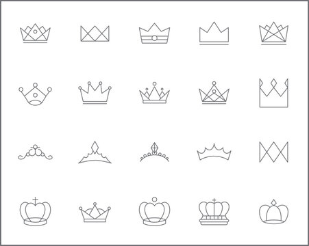 Simple Set of crown Related Vector Line Icons. 
Vector collection of king and queen crowns symbols or logo elements in thin outline.