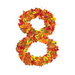 Alphabet set with letters in individual fonts and numbers made from autumn leaves and pumpkin. Can be used as decorative elements and design ornaments
