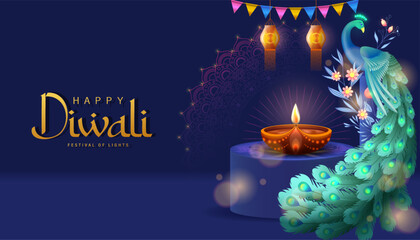 Happy Diwali Poster with Diya Lamp and Peacock Vector Illustration. Indian festival of lights Design. Suitable for Greeting Card, Banner, Flyer, Template. 