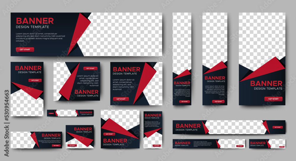 Poster creative web banners of standard size with a place for photos. gradient black and red. business ad b