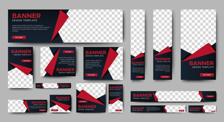 Creative web banners of standard size with a place for photos. Gradient black and red. Business ad banner. Vertical, horizontal and square template.
