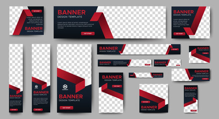 Creative web banners of standard size with a place for photos. Gradient black and red. Business ad banner. Vertical, horizontal and square template.

