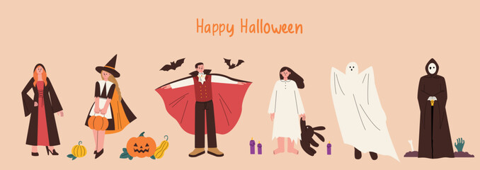 People in Halloween costumes. Wizard, witch, vampire, ghost, reaper. flat design style vector illustration.