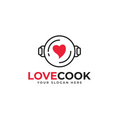 Love Cook Logo Vector With Wok and Heart Illustration