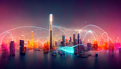 Fototapeta na wymiar Smart city and abstract dot point connect with gradient line and aesthetic Intricate wave line design , big data connection technology concept