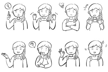 ポーズをとる女性　線画　エプロン