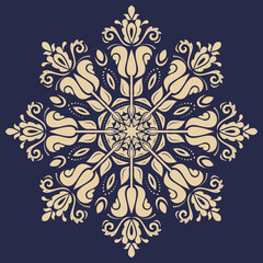 Oriental vector ornament with arabesques and floral elements. Traditional classic navy blue and golden ornament. Vintage pattern with arabesques