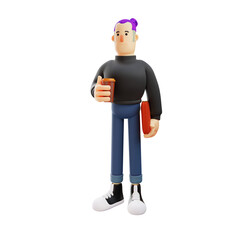 Fototapeta premium 3D illustration. 3D Cool Man Cartoon Drinking a Cup of Coffee. holding a cup of coffee in his hand. by bringing a cell phone. 3D Cartoon Character