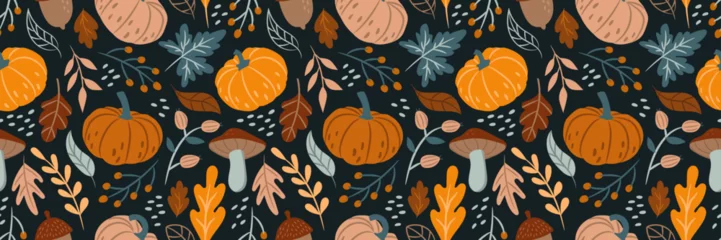 Muurstickers Long seamless autumn pattern with pumpkins, mushrooms, plants and leaves © Myurenn