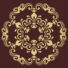 Oriental vector ornament with arabesques and floral elements. Traditional classic round brown and golden ornament. Vintage pattern with arabesques