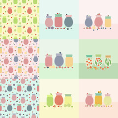 Set of home-made canned pickled vegetables, fruits, berries in glass jars on a table, and seamless patterns, flat cartoon vector illustrations