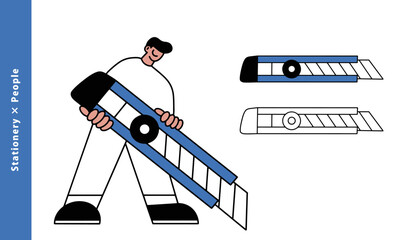 カッターで切り取る男性キャラクターイラスト　アイコン